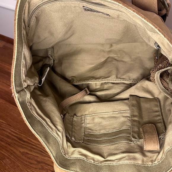 L.L. Bean Leather Handle Canvas Tote Bag Khaki Olive Green Vintage - Picture 5 of 6